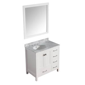 Chateau 36 in. W x 22 in. D Vanity in White with Marble Vanity Top in Carrara White with White Basin and Mirror