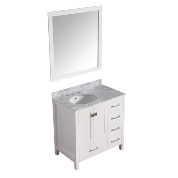ANZZI Chateau 36 in. W x 22 in. D Vanity in White with Marble Vanity Top in Carrara White with White Basin and Mirror