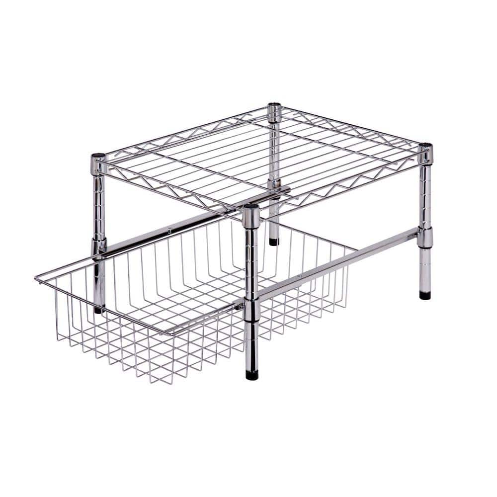 Chrome Adjustable Two-Tier Cabinet Organizer with Pull-Out Basket