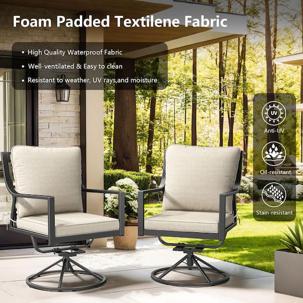 Industrial Swivel and Rocking Gray Metal Outdoor Rocking Chair with Beige Olefin Cushions Patio Swivel Chair (2-Pack)