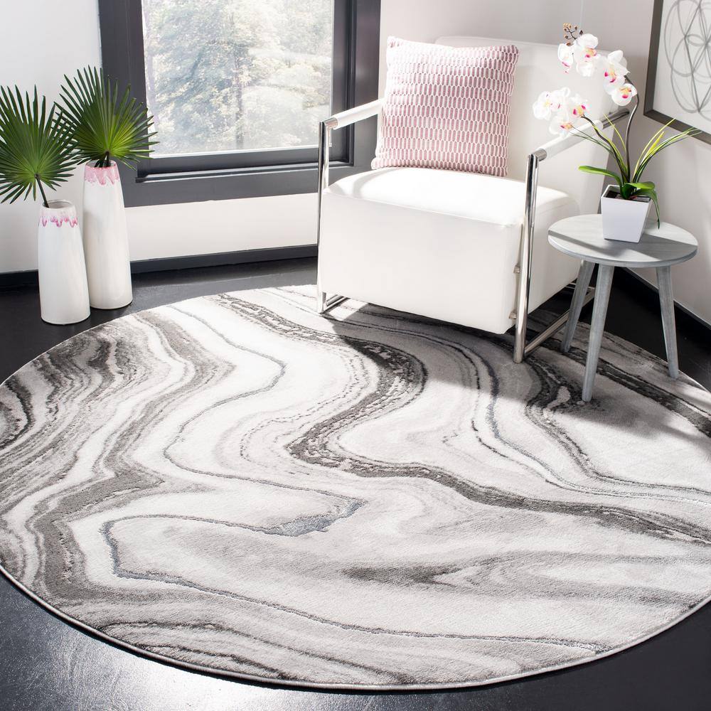 Grey and Silver Round Abstract Synthetic Area Rug