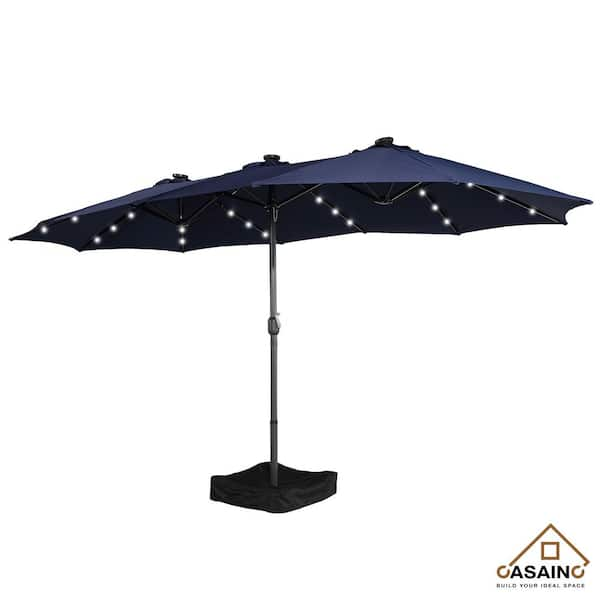 15 ft. Steel Patio Double-Side Market Umbrella with Base and Solar Light with Base in Navy