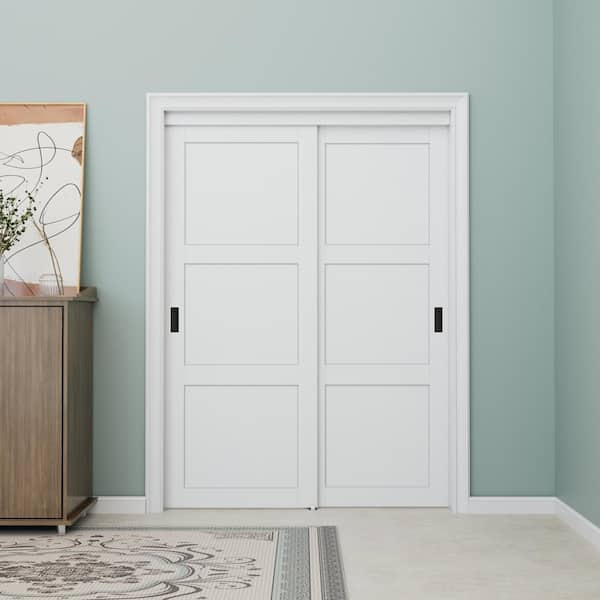 60 in. x 80 in. Paneled 3-Lite Blank Pattern White Primed MDF Sliding Door with Hardware and Black Handles