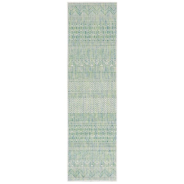 Courtyard Beige/Green 2 ft. x 8 ft. Striped Tribal Chevron Indoor/Outdoor Runner Rug
