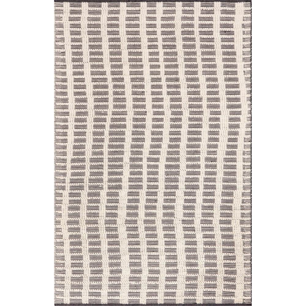 Handmade Black and White Wool Stripe Rectangular Rug 8' x 10'