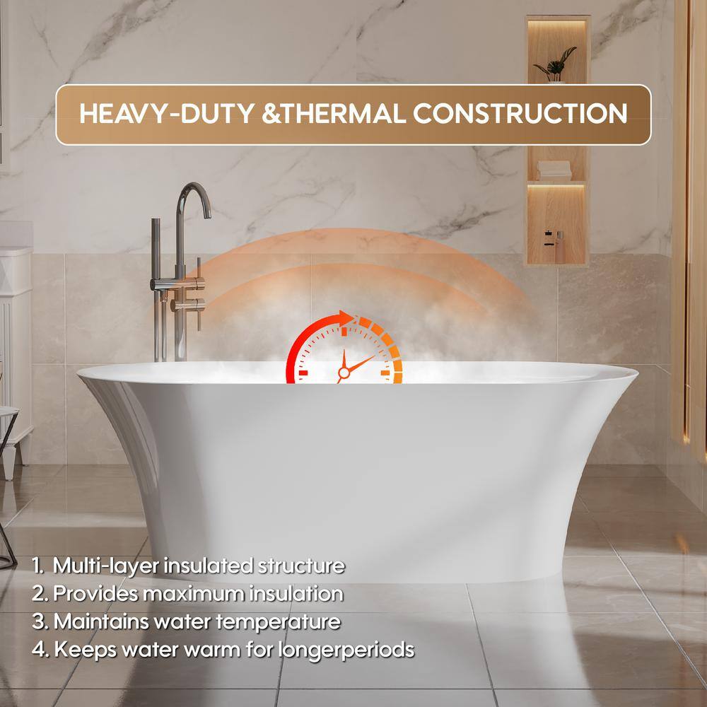 67-Inch Glossy White Acrylic Freestanding Soaking Bathtub with Chrome Drain
