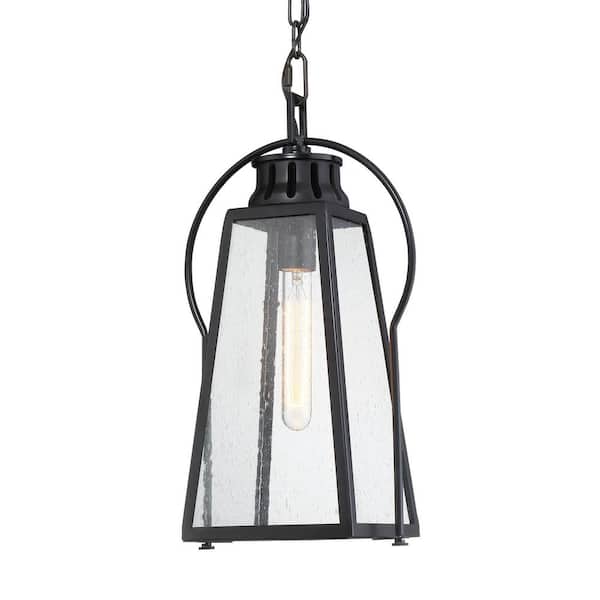 Minka Lavery Halder Bridge 1-Light Sand Black Outdoor Pendant Light with Seeded Glass