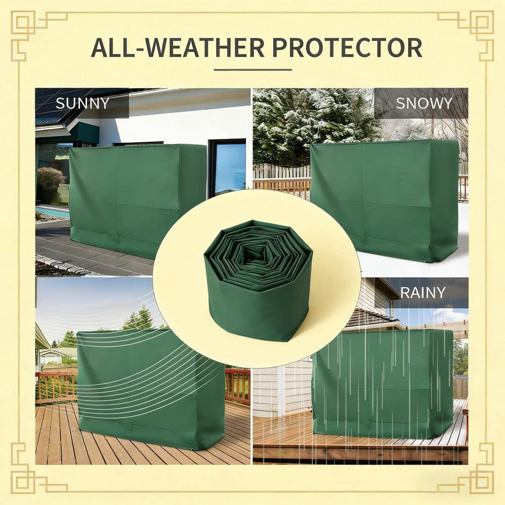 Infographic showing all-weather protection conditions: sunny, snowy, rainy.