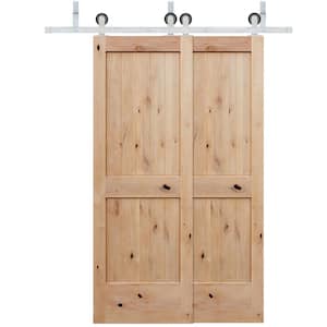 48 in. x 80 in. Bypass 2-PNL V-Groove Solid Core Knotty Alder Sliding Barn Door with Satin Nickel Hardware Kit