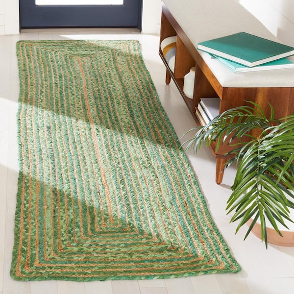 Cape Cod Green/Natural 2 ft. x 10 ft. Striped Border Runner Rug