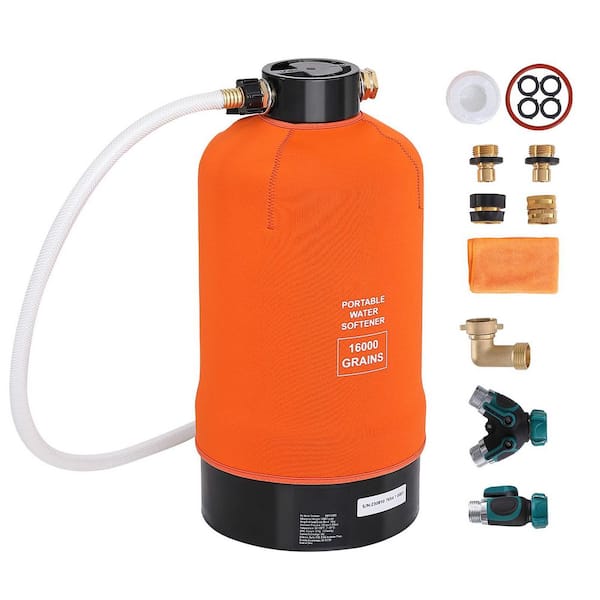 SKYSHALO RV Water Softener, 16,000 Grain Portable Water Softener, for RVs, with 3/4 in. Brass Fittings and 42 in. Hose