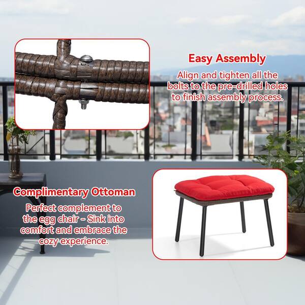 Wicker Outdoor Lounge Chair with Red Cushiona and Ottoman