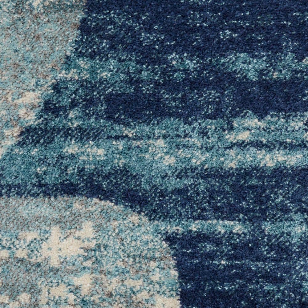 Navy and Light Blue Floral Synthetic Runner Rug