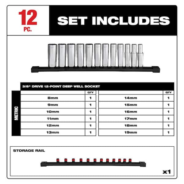 3/8 in. Drive Metric 12-Point Deep Well Socket Set (12-Piece)