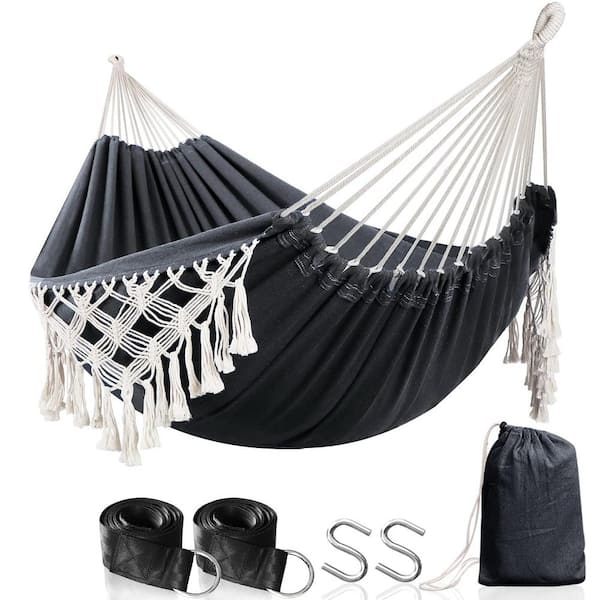 Unbranded 7 ft. Sturdy and Comfortable Non-Fading Cotton Fabric Hammock in Dark Gray with Elegant Deluxe Tassels Easy to Assemble