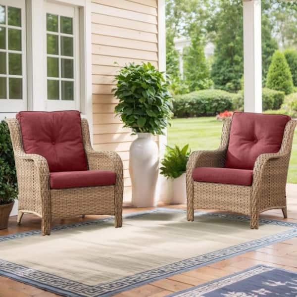 moosprr Patio Yellow Wicker Outdoor Lounge Chair with Red Cushions and Curved Armrest (2-Pack)