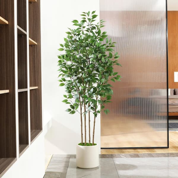 72 in. faux Ficus Tree in Pot with White Planter, Faux Green Ficus Plant, Fake Tree for Home Decor