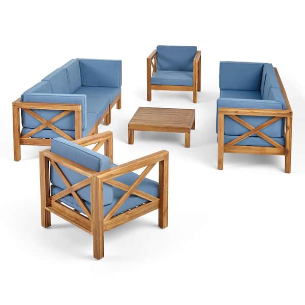 Noble House Brava Teak Brown 9-Piece Wood Outdoor Patio Conversation Seating Set with Blue Cushions