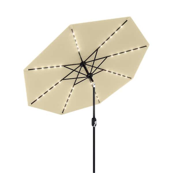 10 ft. Metal Pole Round Market Solar LED Lighted Tilt Patio Umbrella with UV-Resistant Fabric in Beige