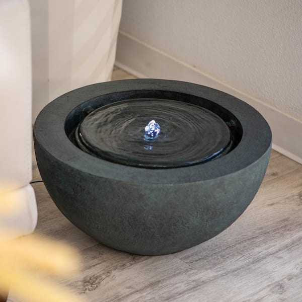 19.8 in. W Round Polyresin Waterfall Floor Fountain w/LED Light for Indoor/Outdoor, Garden Water Fountain in Dark Green