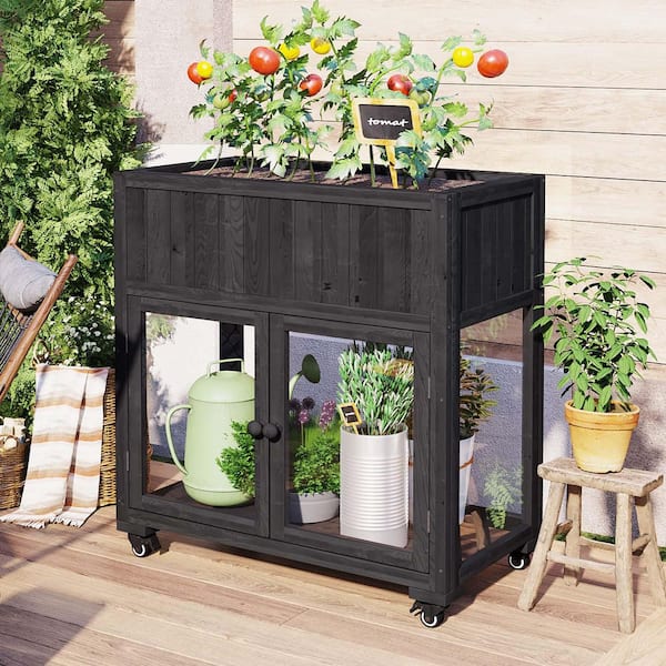 Unbranded 35.4 in. x 17.7 in. x 37.4 in. Wood Raised Garden Bed, 2 Doors Raised Planter Boxes with Wheels and Storage Shelf Black