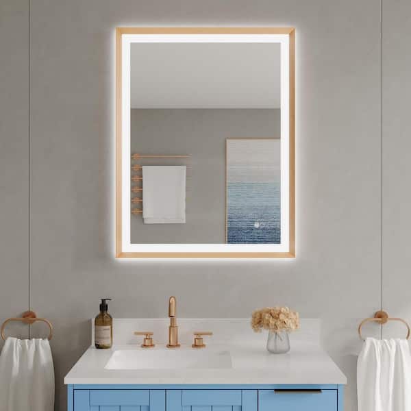 28 in. W x 36 in. H Rectangular Framed Backlit Front Light Slope Wall Mounted LED Bathroom Vanity Mirror in Brushed Gold