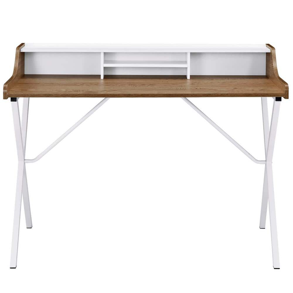 Contemporary Walnut Wood Desk with White A-Frame and Drawer
