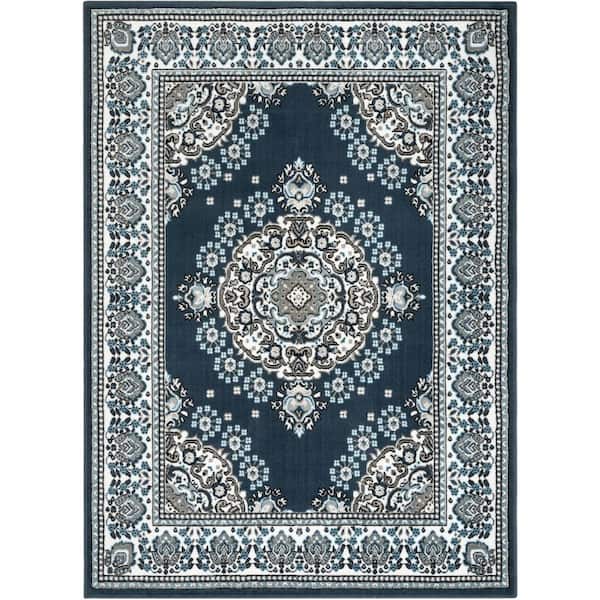 Well Woven Persa Malika Traditional Medallion Persian Floral Dark Blue 7 ft. 10 in. x 9 ft. 10 in. Area Rug