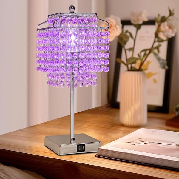 Briignite 18 in. 1-Light Bedside Purple Crystal Table Task & Reading Lamp for Bedroom Chrome Dimmable Lamp with Crystal Shade
