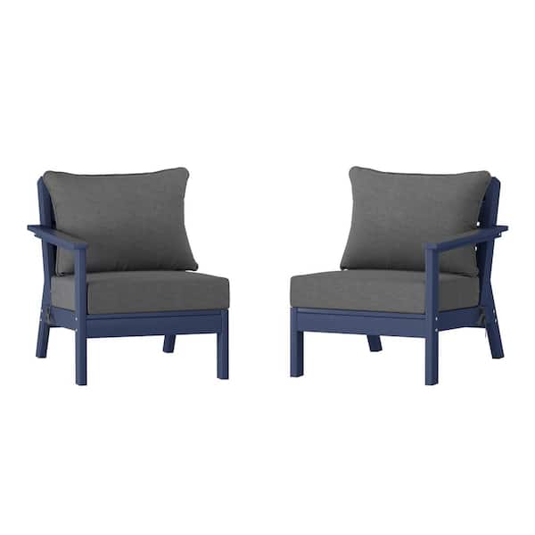 Birchwood Navy Blue Arrangeable Outdoor Patio 2-Piece Deep Seating HDPE Loveseat Arm Chair Set with Gray Cushions