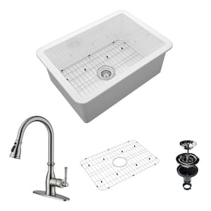 27 in. Undermount Single Bowl Fireclay Kitchen Sink with Brushed Nickel Faucet, Bottom Grid and Strainer Basket