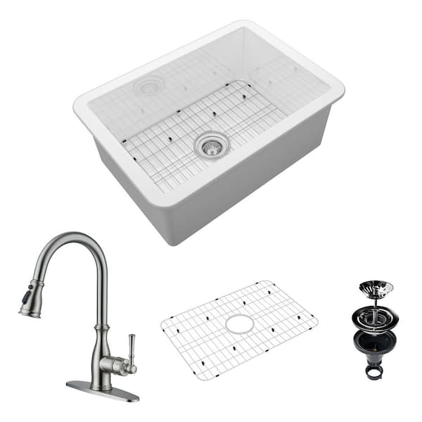 Boyel Living 27 in. Undermount Single Bowl Fireclay Kitchen Sink with Brushed Nickel Faucet, Bottom Grid and Strainer Basket