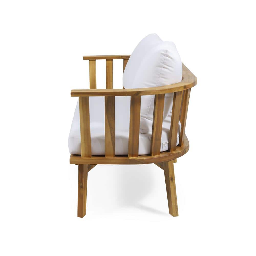 Teak Brown Wood Outdoor Loveseat with White Cushions