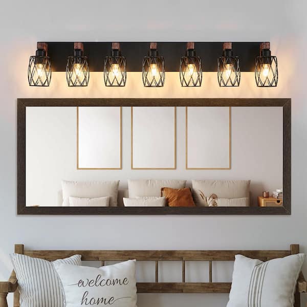 44 in. W 7 Light Bathroom Vanity Light with Metal Cage Over Mirror, Walnut Wall Sconce, E26, No Bulbs Included