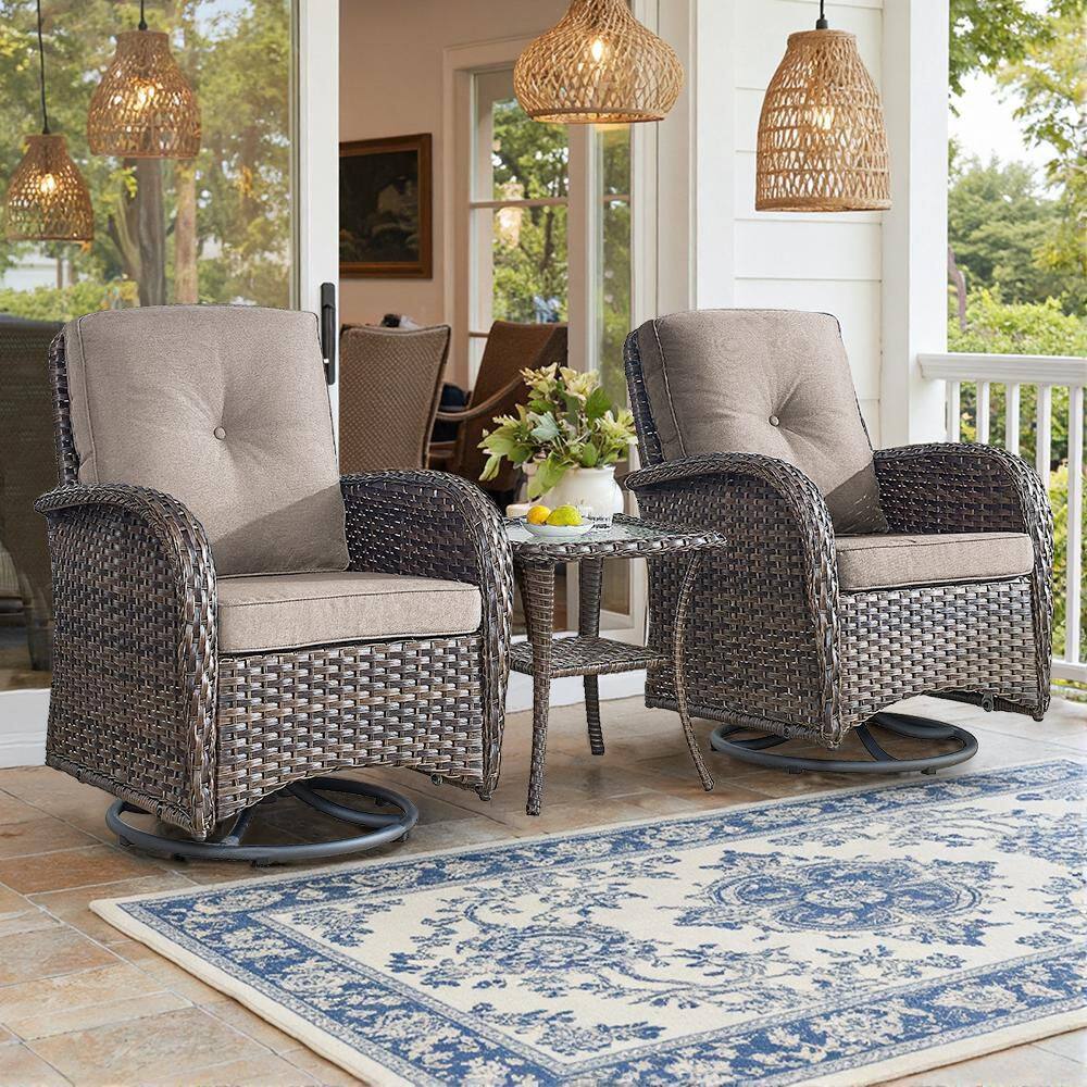 Brown 3-Piece Wicker Patio Conversation Set with Gray Cushions and Coffee Table All-Weather Swivel Rocking Chairs price history on PriceWatchPro