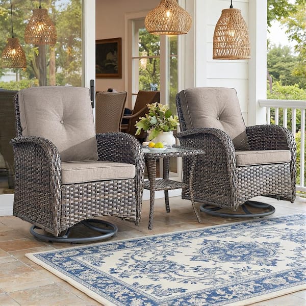 Brown 3-Piece Wicker Patio Conversation Set with Gray Cushions and Coffee Table All-Weather Swivel Rocking Chairs