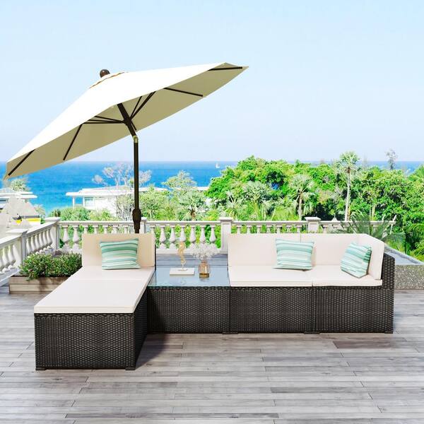 SUNRINX 5-Piece Wicker Patio Conversation Set with Beige Cushions