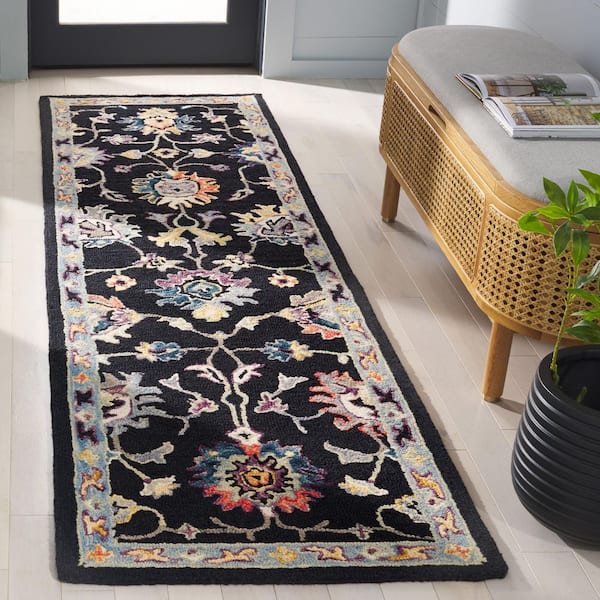 Blossom 2 ft. x 8 ft. Black/Blue Border Floral Runner Rug