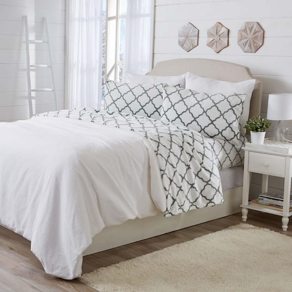 Lattice-White / Jade Super Soft Velvet Plush Polyester Twin Bed Sheet Set