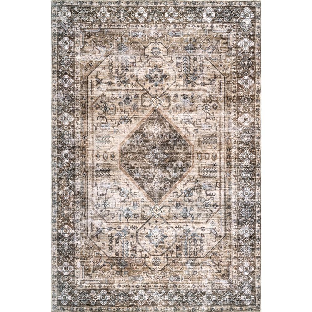 Devin Light Brown Synthetic Medallion 6' x 9' Washable Area Rug