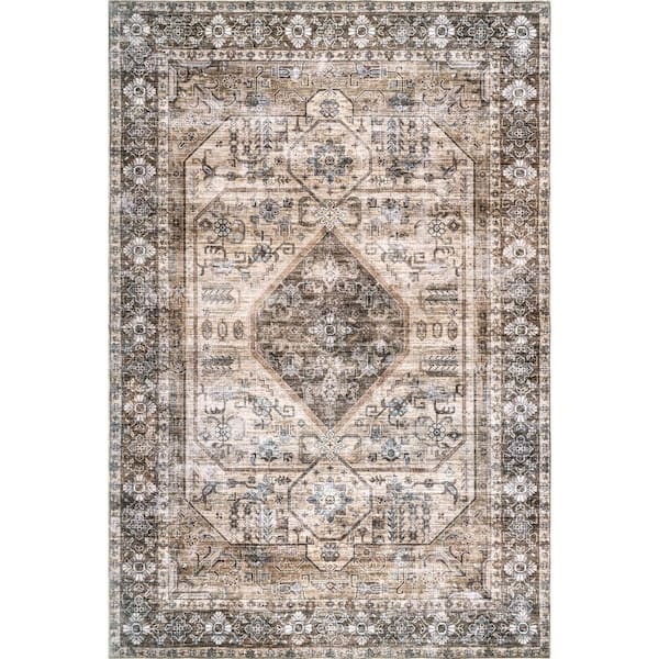 nuLOOM Devin Machine Washable Vintage Medallion Light Brown 6 ft. x 9 ft. Area Rug