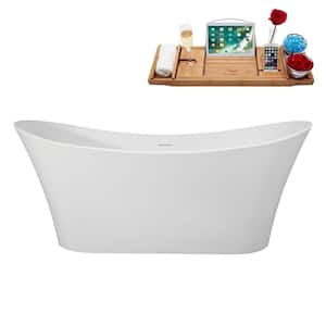 67 in. x 31 in. Acrylic Freestanding Soaking Bathtub in Matte White With Glossy White Drain, Bamboo Tray