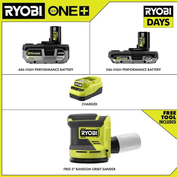 ONE+ 18V HIGH PERFORMANCE Kit w/ 4.0 Ah Battery, 2.0 Ah Battery, Charger, & FREE ONE+ Cordless Random Orbit Sander