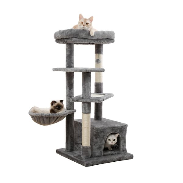Foobrues Gray Cat Tree Multi-Level Cat Tower with Sisal Covered Scratching Posts, Spacious Condo, Cozy Hammock and Plush Perch