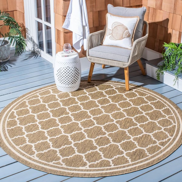 Courtyard Brown/Bone 4 ft. x 4 ft. Round Geometric Indoor/Outdoor Patio  Area Rug