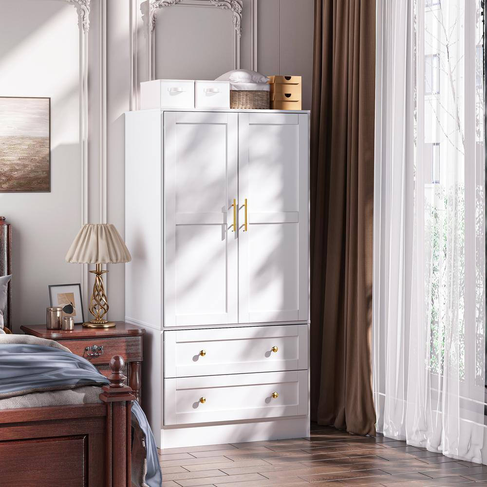 White Shaker Style Two-Door Armoire with Gold Handles