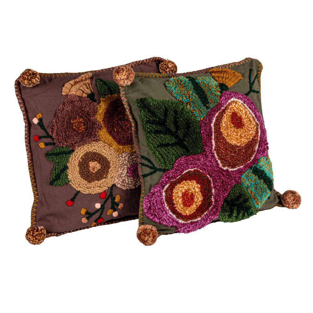Embroidered Multicolor Floral Cotton Square Throw Pillows Set