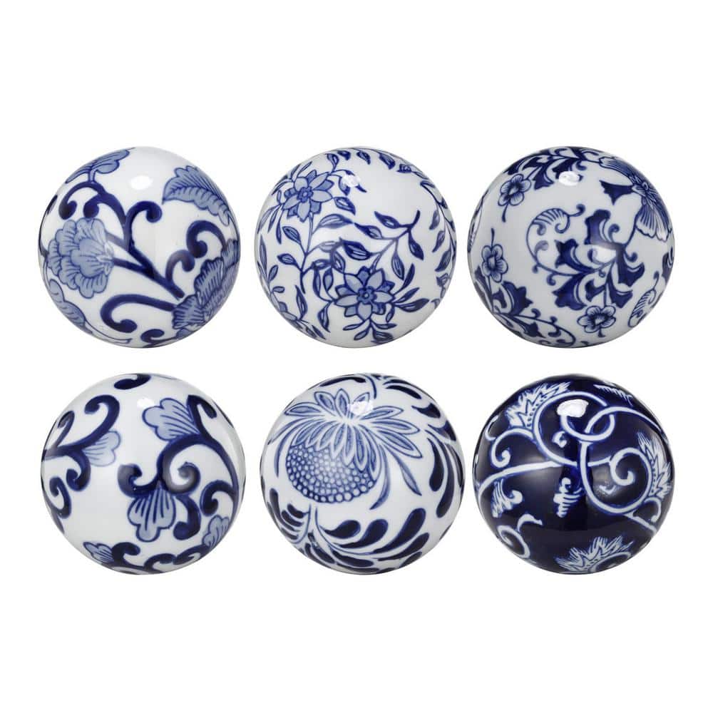 Benjara Blue And White Round Printed Porcelain Decorative Ball (Set of