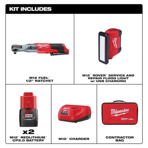 M12 FUEL 12V Li-Ion Brushless 1/2 in. Cordless Ratchet Kit w (2) 2. 0Ah Batteries, Charger, Bag & M12 ROVER Flood Light