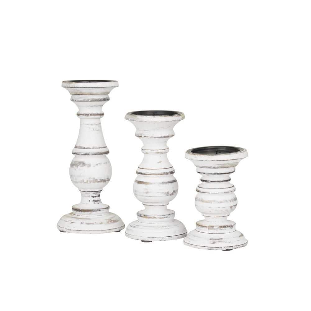 Set of 3 White Distressed Wood Pillar Candle Holders